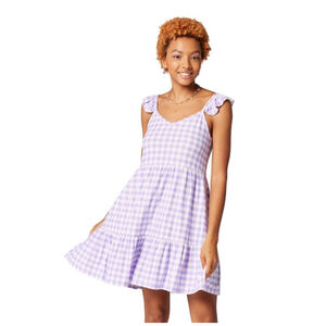 Purple White Gingham Ruffled Tiered Sleeveless Juniors Dress Size S